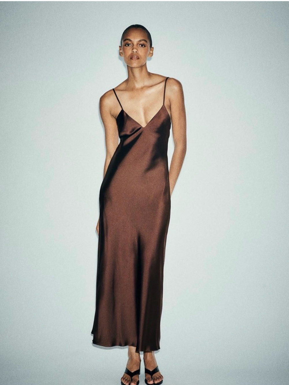 Zara Brown Satin Slip Maxi Dress with Spaghetti Straps